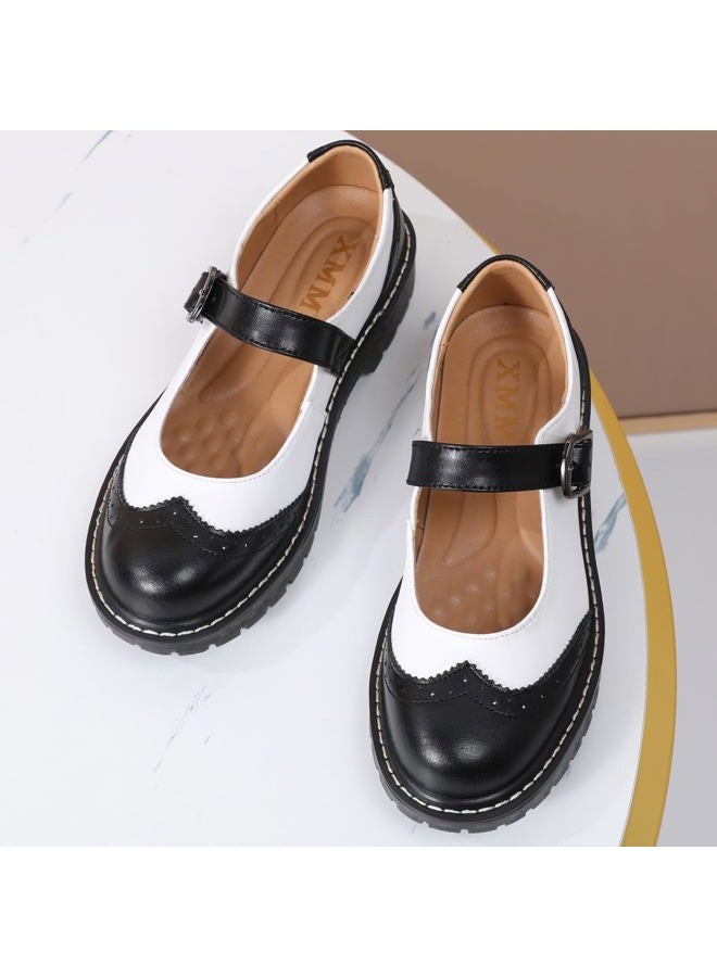 XMM Mary Jane Shoes Women Black Mary Janes Flats Ladies Oxford Shoes for Women Comfort Leather Round Toe Non-Slip Ankle Strap Dressy Casual Cute Girls Kawaii Lolita School Trendy Shoes White US 8 - Image 5
