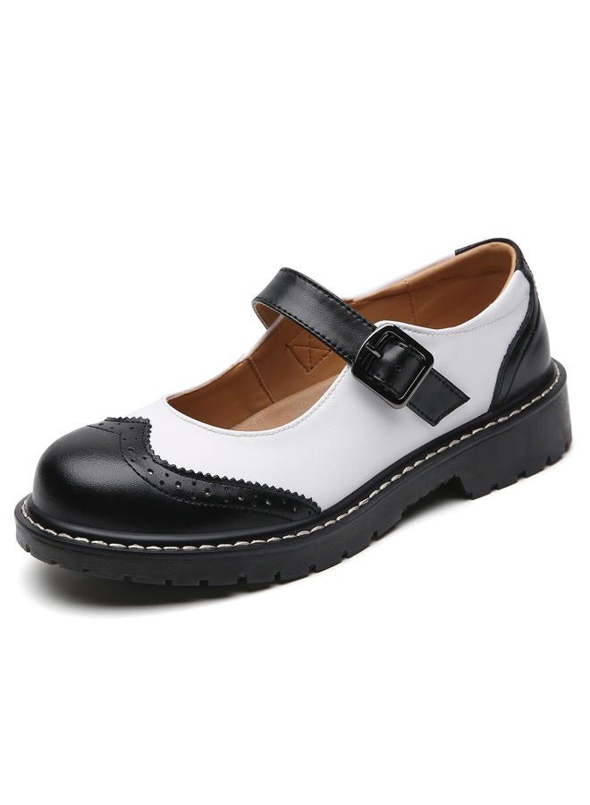 XMM Mary Jane Shoes Women Black Mary Janes Flats Ladies Oxford Shoes for Women Comfort Leather Round Toe Non-Slip Ankle Strap Dressy Casual Cute Girls Kawaii Lolita School Trendy Shoes White US 8 - Image 1