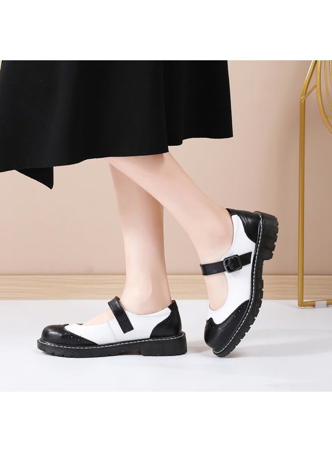 XMM Mary Jane Shoes Women Black Mary Janes Flats Ladies Oxford Shoes for Women Comfort Leather Round Toe Non-Slip Ankle Strap Dressy Casual Cute Girls Kawaii Lolita School Trendy Shoes White US 8 - Image 2