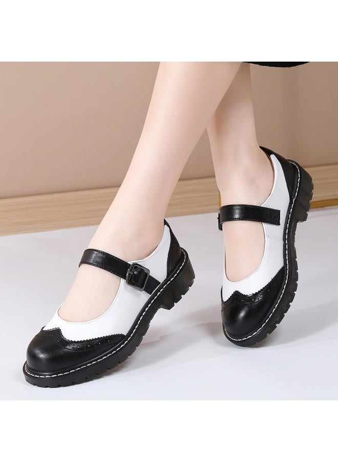XMM Mary Jane Shoes Women Black Mary Janes Flats Ladies Oxford Shoes for Women Comfort Leather Round Toe Non-Slip Ankle Strap Dressy Casual Cute Girls Kawaii Lolita School Trendy Shoes White US 8 - Image 3