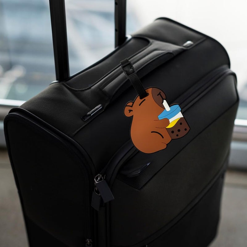 Eitheo بطاقات أمتعة للأطفال بطاقات أمتعة مع اسم وعنوان | بطاقات أمتعة سيليكون للحقائب، بطاقات لتحديد الحقائب/حقائب المدرسة ملصق ملون متعدد (مشروب كابيبارا) - Image 2