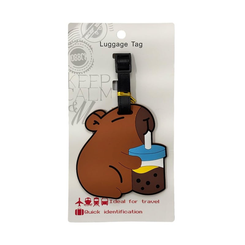 Eitheo بطاقات أمتعة للأطفال بطاقات أمتعة مع اسم وعنوان | بطاقات أمتعة سيليكون للحقائب، بطاقات لتحديد الحقائب/حقائب المدرسة ملصق ملون متعدد (مشروب كابيبارا) - Image 4