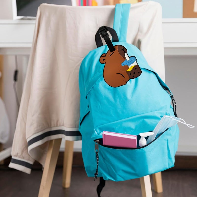 Eitheo بطاقات أمتعة للأطفال بطاقات أمتعة مع اسم وعنوان | بطاقات أمتعة سيليكون للحقائب، بطاقات لتحديد الحقائب/حقائب المدرسة ملصق ملون متعدد (مشروب كابيبارا) - Image 3