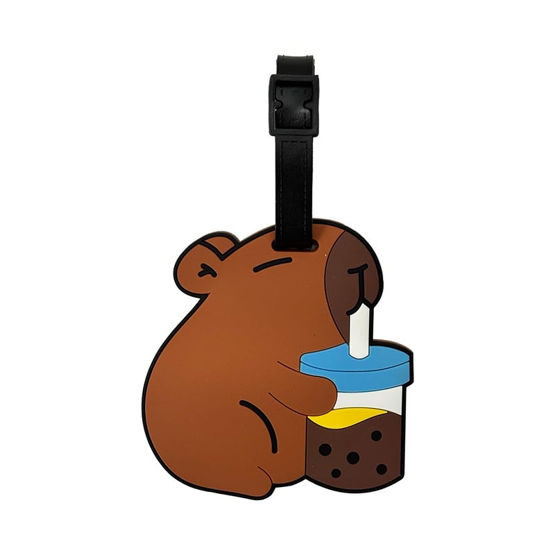 Eitheo بطاقات أمتعة للأطفال بطاقات أمتعة مع اسم وعنوان | بطاقات أمتعة سيليكون للحقائب، بطاقات لتحديد الحقائب/حقائب المدرسة ملصق ملون متعدد (مشروب كابيبارا) - Image 1