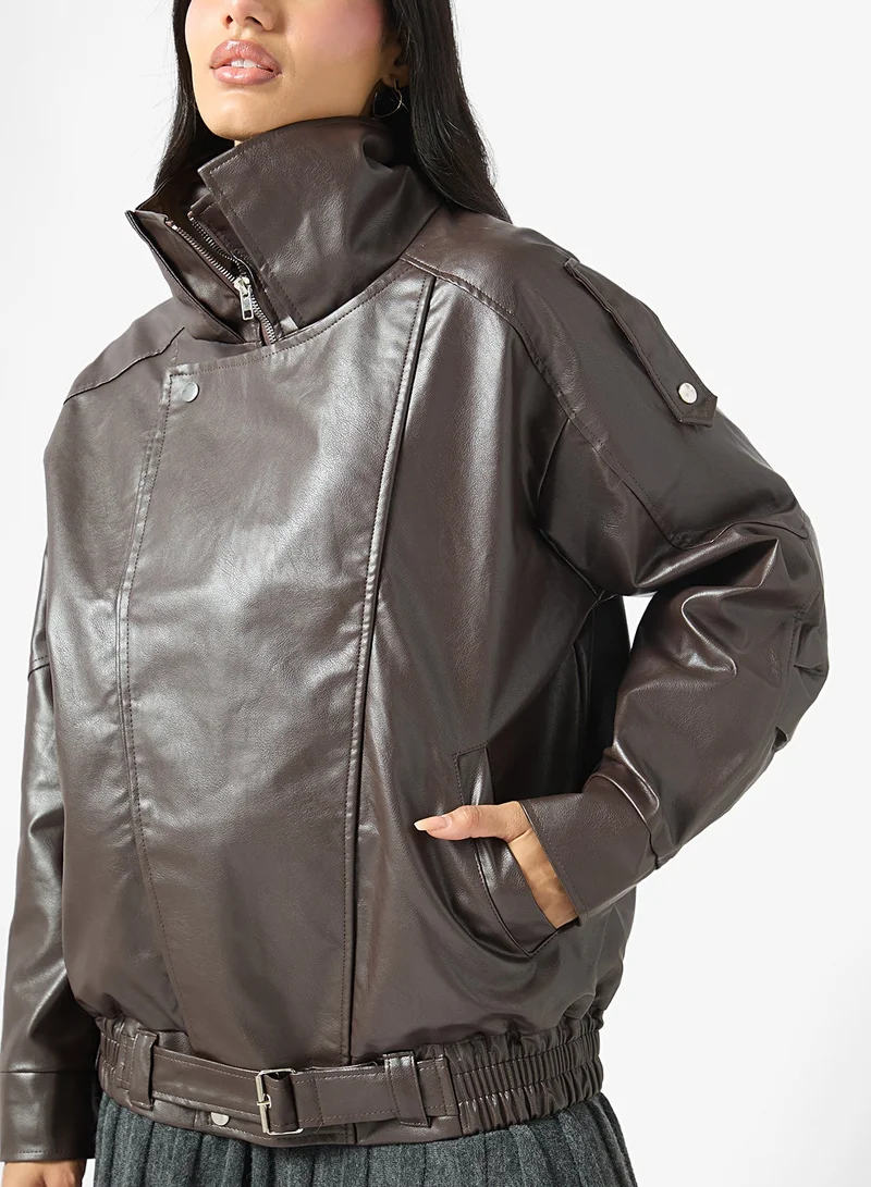Ginger  Funnel Neck Oversize PU Leather Biker Jacket for Women | Best Price UAE