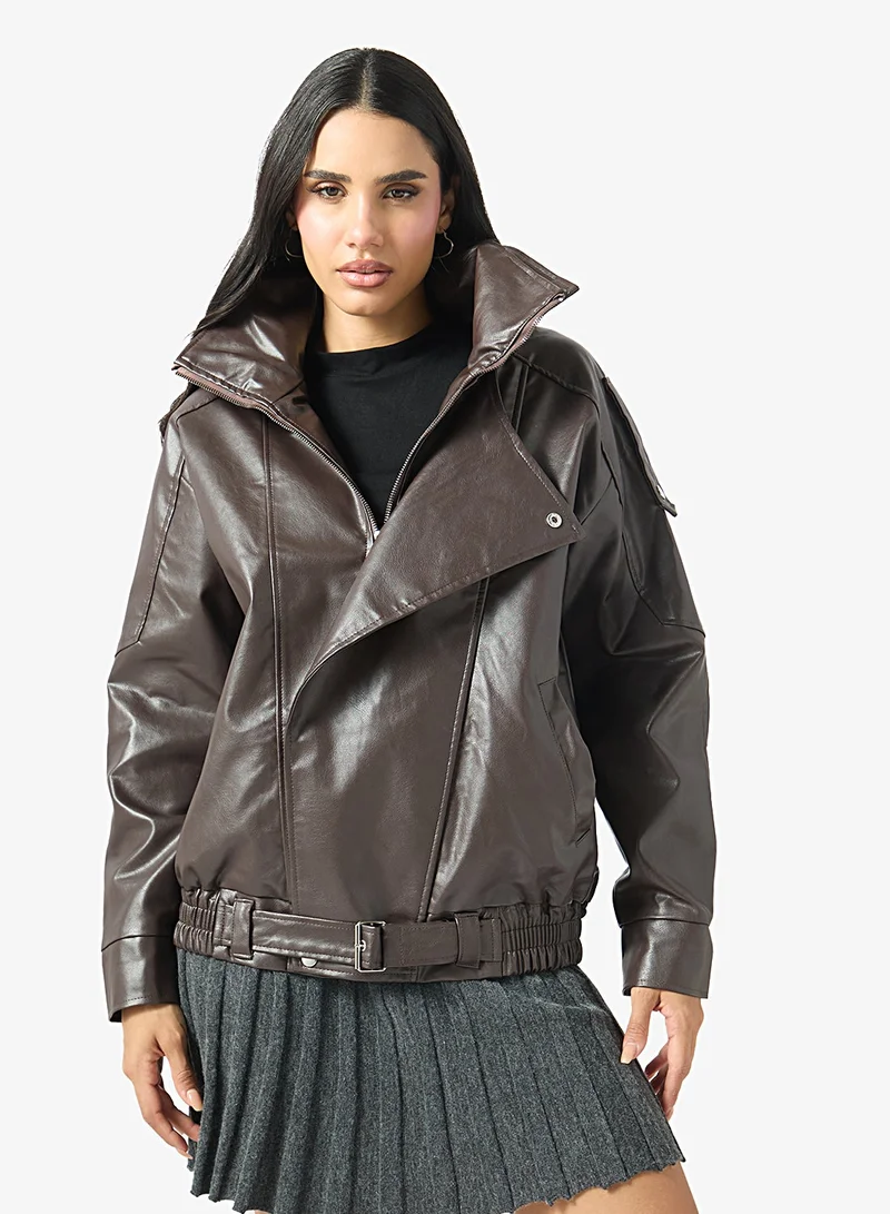 Ginger  Funnel Neck Oversize PU Leather Biker Jacket for Women | Best Price UAE