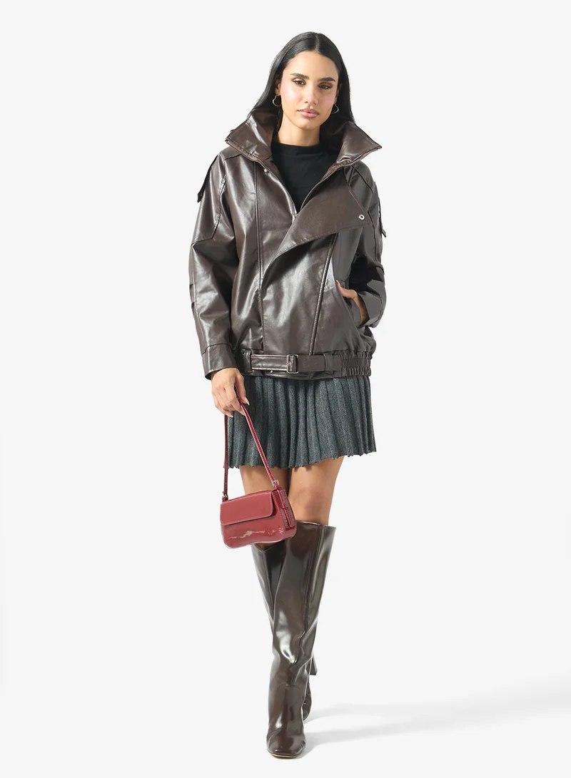Ginger  Funnel Neck Oversize PU Leather Biker Jacket for Women | Best Price UAE