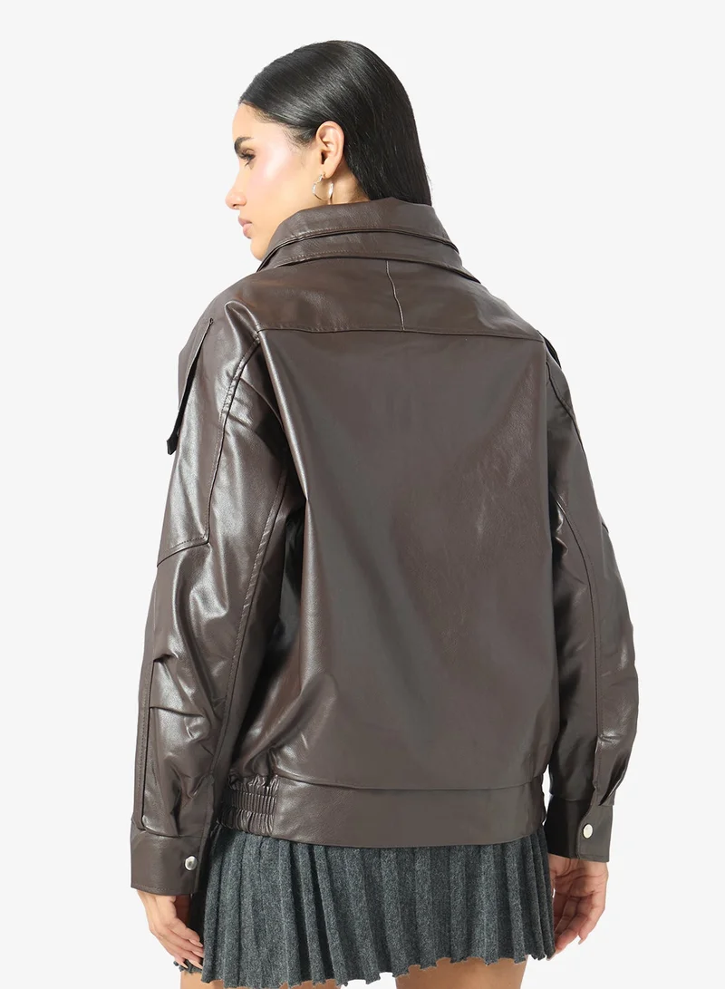 Ginger  Funnel Neck Oversize PU Leather Biker Jacket for Women | Best Price UAE