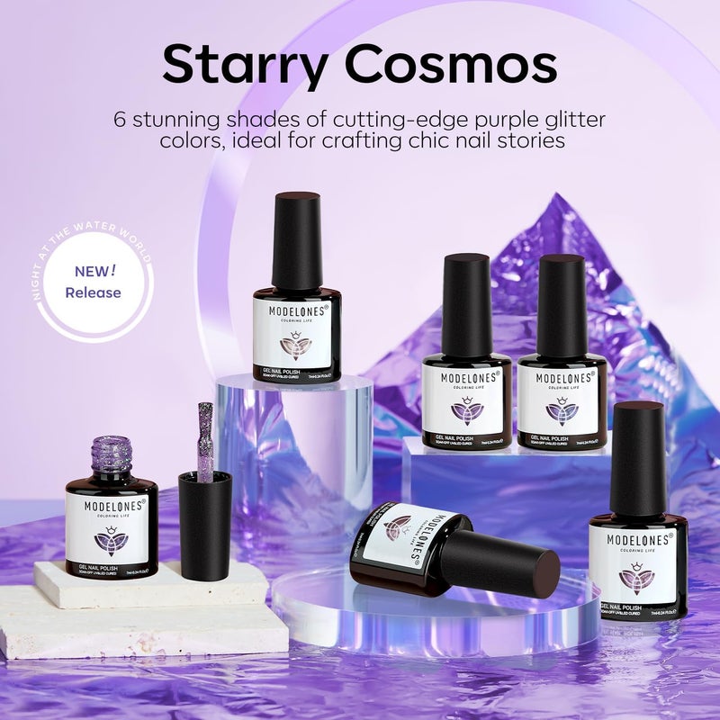 modelones مجموعة طلاء الأظافر الجل اللامع الأرجواني من موديلونز، 6 ألوان لامعة بنفسجية، جل أظافر قطة عين حورية البحر، طلاء أظافر لامع قابل للإزالة بواسطة LED للنساء والفتيات، هدية لفن الأظافر DIY - Image 5