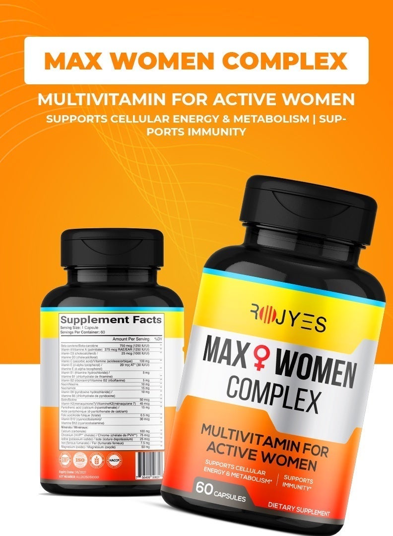 ROJYES Max Women Complex Multivitamin for Active Women, Immune Booster with Vitamin C, D3, K2, B Complex, Iron and Calcium, Supports Energy Metabolism, Bone Health, Hair Skin Nails, 60 Capsules - Image 2