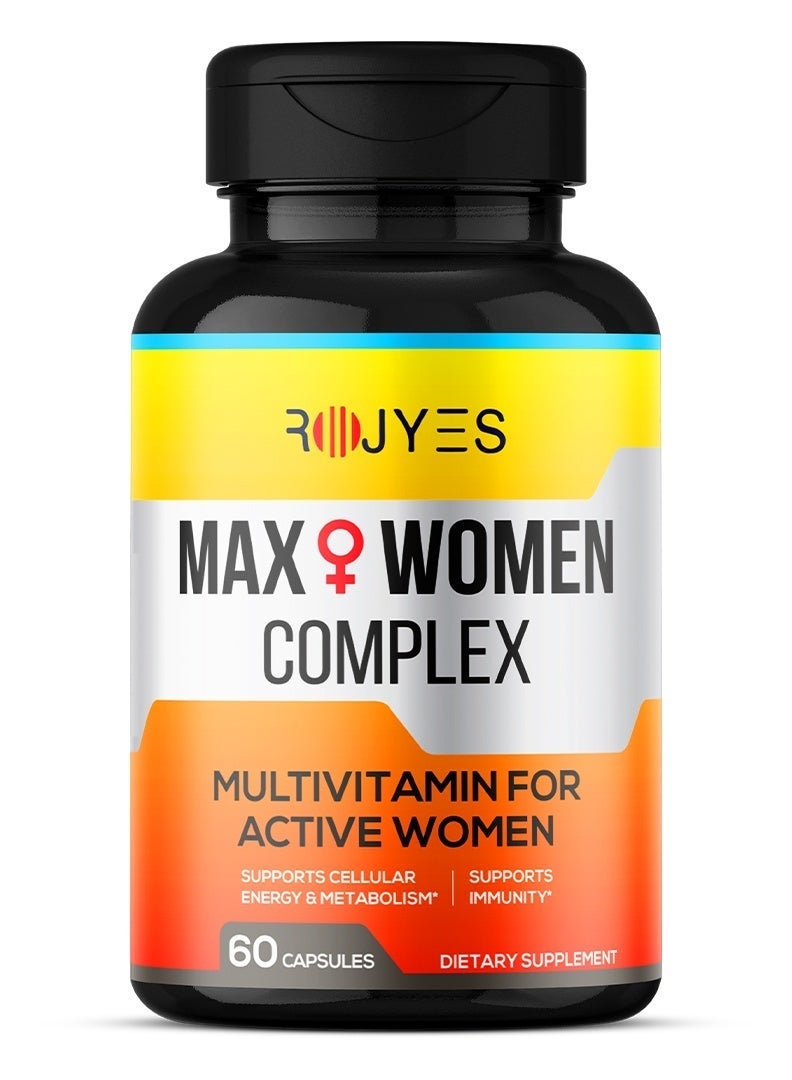 ROJYES Max Women Complex Multivitamin for Active Women, Immune Booster with Vitamin C, D3, K2, B Complex, Iron and Calcium, Supports Energy Metabolism, Bone Health, Hair Skin Nails, 60 Capsules - Image 1