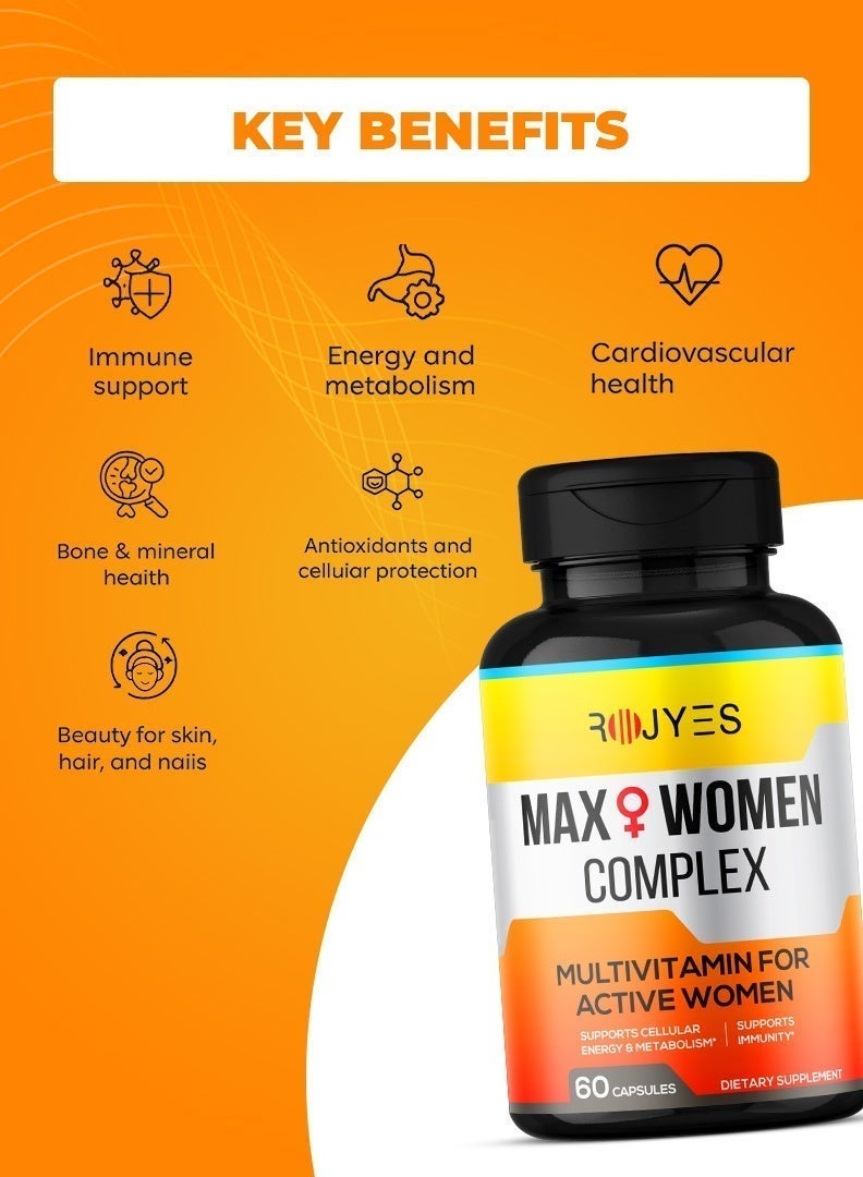 ROJYES Max Women Complex Multivitamin for Active Women, Immune Booster with Vitamin C, D3, K2, B Complex, Iron and Calcium, Supports Energy Metabolism, Bone Health, Hair Skin Nails, 60 Capsules - Image 3