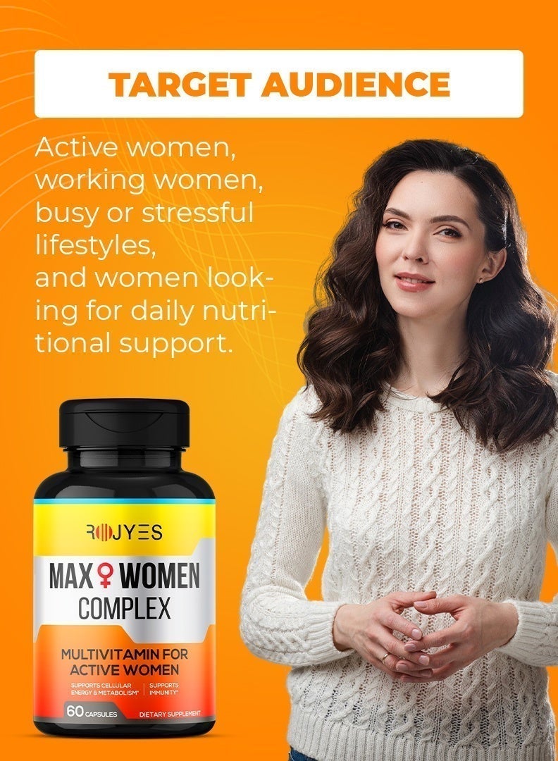 ROJYES Max Women Complex Multivitamin for Active Women, Immune Booster with Vitamin C, D3, K2, B Complex, Iron and Calcium, Supports Energy Metabolism, Bone Health, Hair Skin Nails, 60 Capsules - Image 5