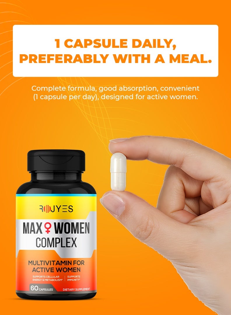 ROJYES Max Women Complex Multivitamin for Active Women, Immune Booster with Vitamin C, D3, K2, B Complex, Iron and Calcium, Supports Energy Metabolism, Bone Health, Hair Skin Nails, 60 Capsules - Image 4