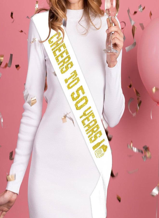 PYQWA Cheers to 50 Years Sash with Gold Foil - White Soft Satin for Women or Man - Happy 50th Birthday Sash Gifts - 50 Years Old 50th Anniversary Party Favors Supplies - Image 5