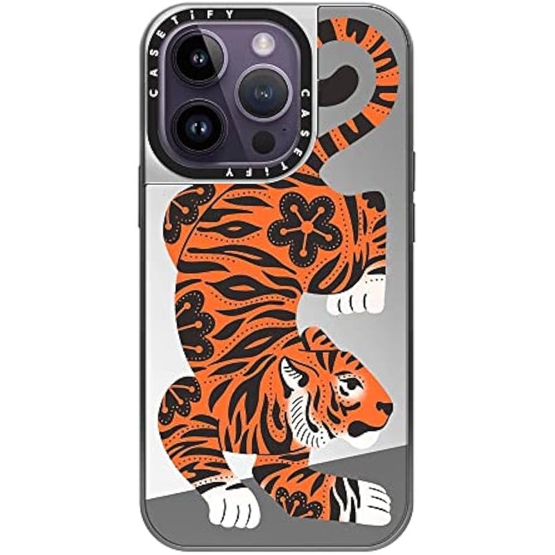 Casetify Mirror Case for iPhone 14 Pro Compatible with Magsafe - Fierce Tiger - Silver on Silver - Image 1