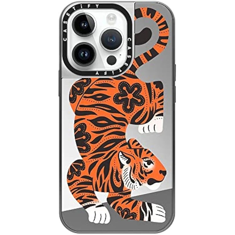 Casetify Mirror Case for iPhone 14 Pro Compatible with Magsafe - Fierce Tiger - Silver on Silver - Image 2