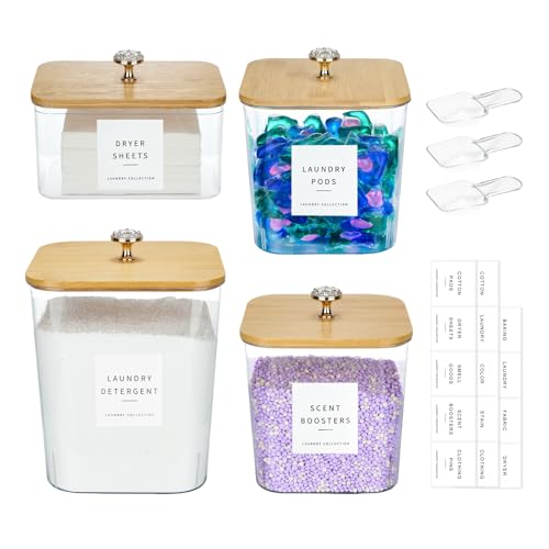 POLRAI 4 Pack Laundry Pod Containers and Dryer Sheet Holder for Laundry Room Organization Acrylic Jars with Lids and Labels for Laundry Detergent Laundry Pods Dry Sheet Organizing - Image 1