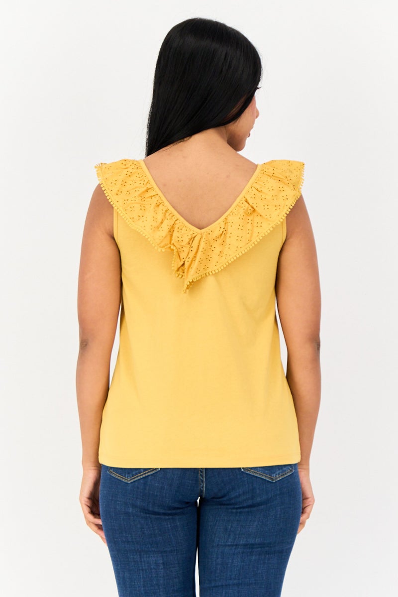 SALSA Women V Neck Sleeveless Plain Top, Mustard - Image 2