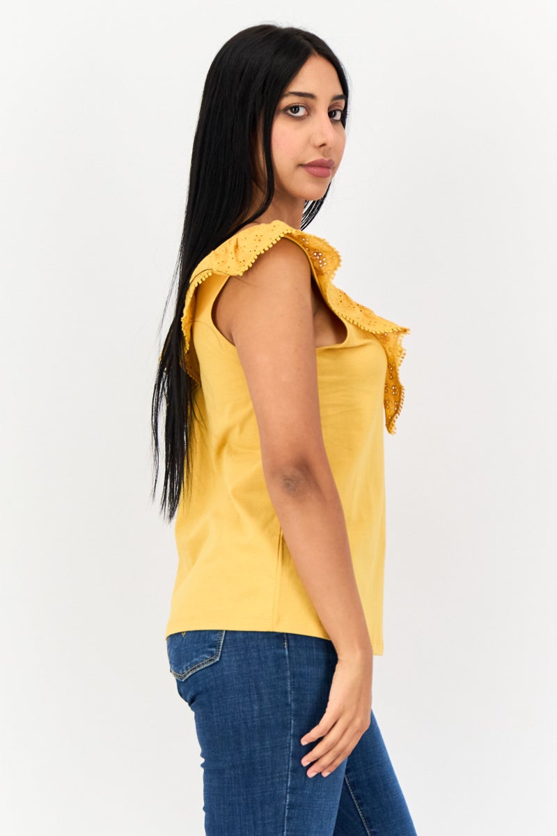 SALSA Women V Neck Sleeveless Plain Top, Mustard - Image 3