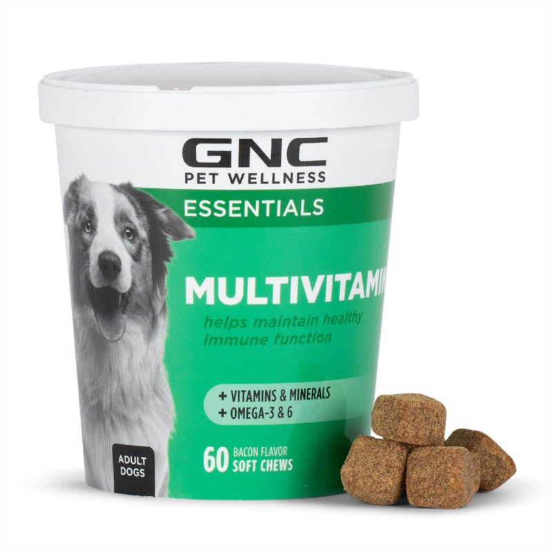 GNC Pets Essentials Dog Multivitamin Soft Chews Salmon Oil Dog Supplement in Bacon Flavor Immune Booster and Skin and Coat Support Chewable with Vitamins Minerals 60 Count
