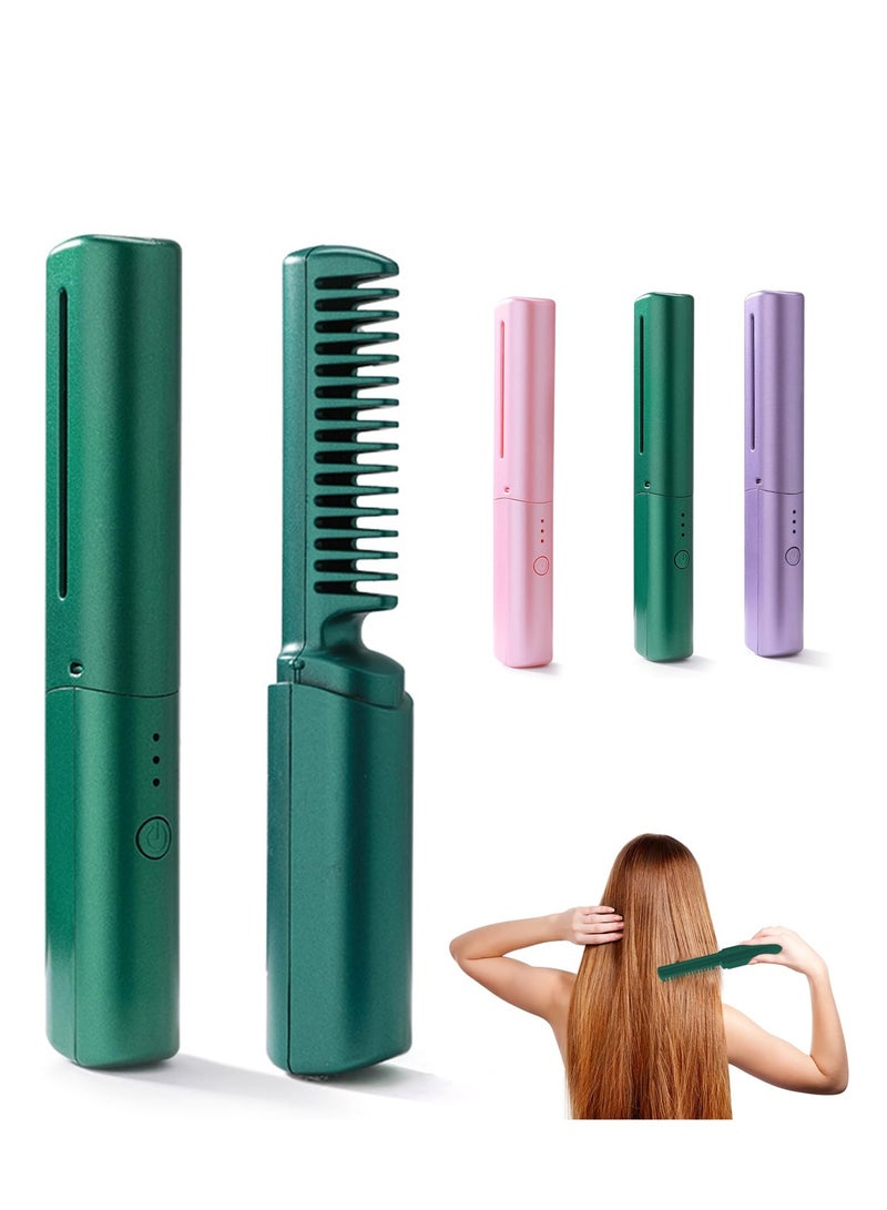 SOLARAE Mini Hair Straightener, Rechargeable Hair Straightener Brush, Portable Straightening Brush with Anti-Static Negative Ion, Hot Comb Hair Straightener for Women, for All Hair Types (Green) - Image 1