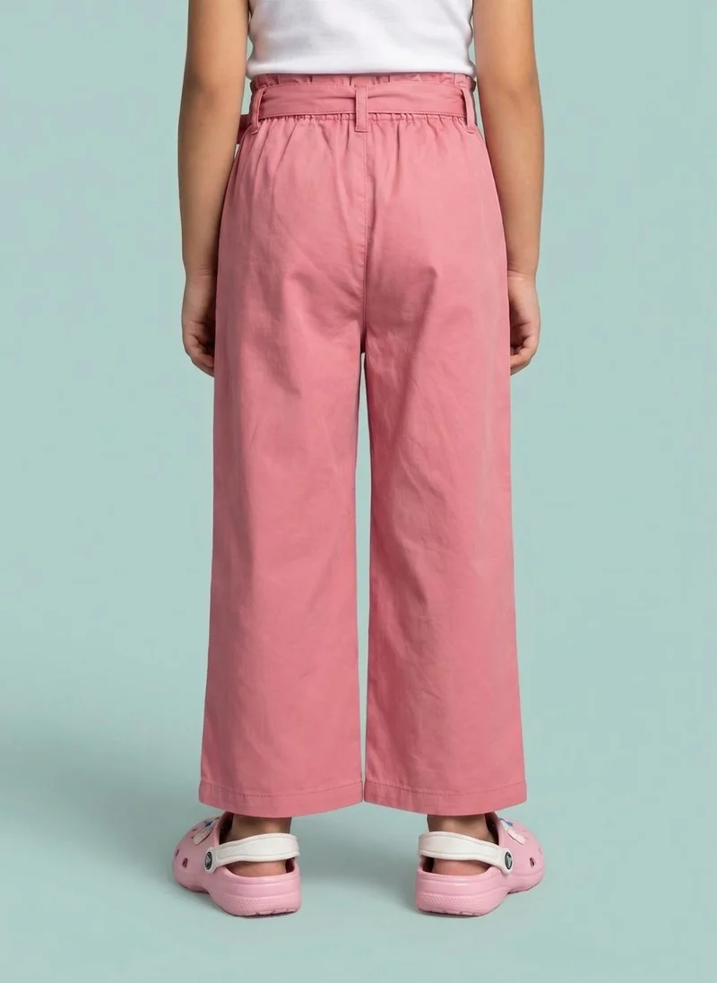نوتيناتي Nautinati Girls' 100% Cotton Solid Loose Fit Paperbag High-waist Wide-leg Pants with Belt