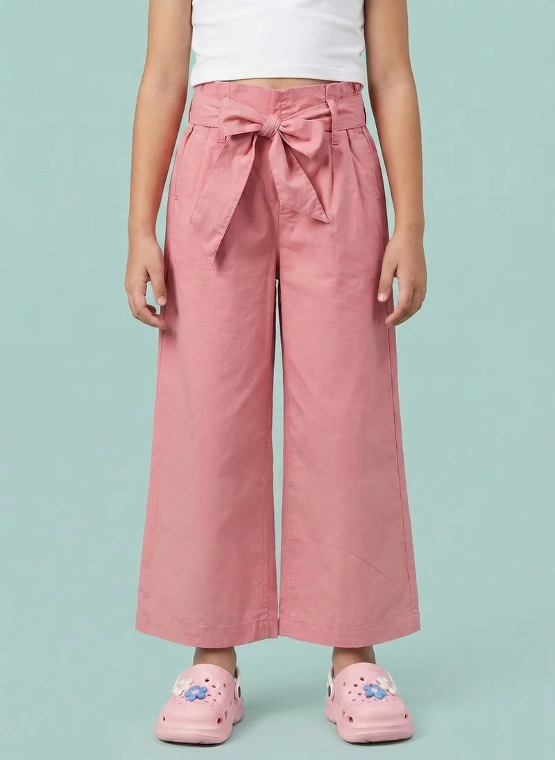 نوتيناتي Nautinati Girls' 100% Cotton Solid Loose Fit Paperbag High-waist Wide-leg Pants with Belt