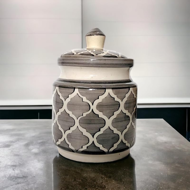 BACKKSPACE RETAIL Handpainted Ceramic Jars for Kitchen Storage Multipurpose Pickle Jar Container Ceramic Pots for Kitchen Dishwasher Microwave Safe Grey 65 Inch - Image 1
