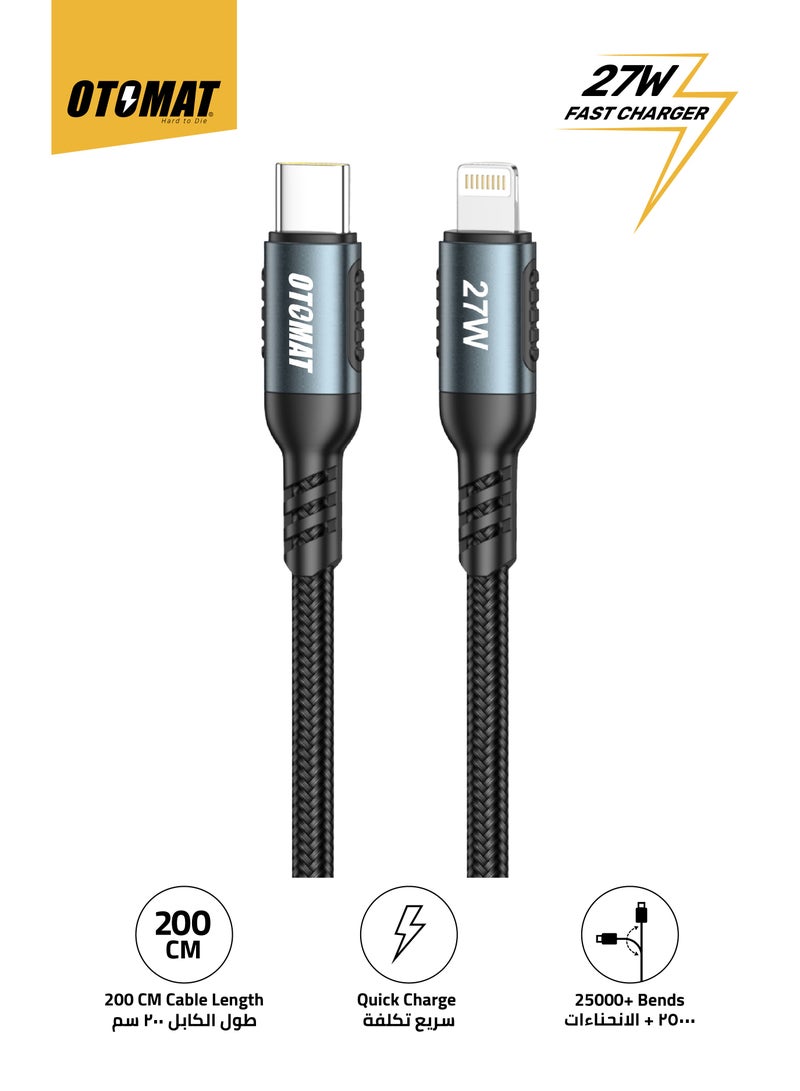 OTOMAT 27W Fast Charging Cable – Type C to Lightning, 2M Cable, iPhone Charger, iPad Charger, High-Speed Data Transfer, Type C Cable Fast Charger, Nylon Braided, Quick Charge for iPhone 14/13/12/11/XS, iPad 9 & All Lightning Device - Black - Image 1