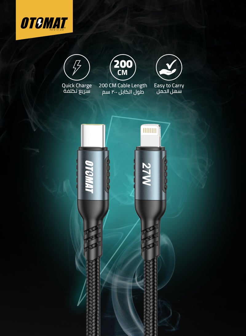 OTOMAT 27W Fast Charging Cable – Type C to Lightning, 2M Cable, iPhone Charger, iPad Charger, High-Speed Data Transfer, Type C Cable Fast Charger, Nylon Braided, Quick Charge for iPhone 14/13/12/11/XS, iPad 9 & All Lightning Device - Black - Image 5