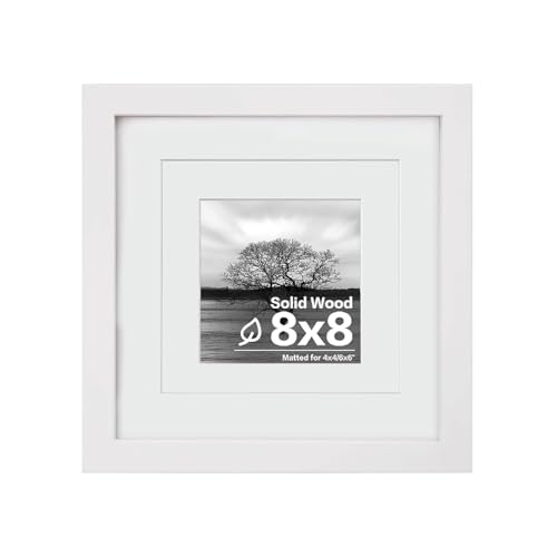 Egofine 8x8 Picture Frame Made of Solid Wood with Plexiglass, Display Pictures 4x4/6x6 with Mat or 8x8 Without Mat for Tabletop and Wall Mounting, White - Image 1