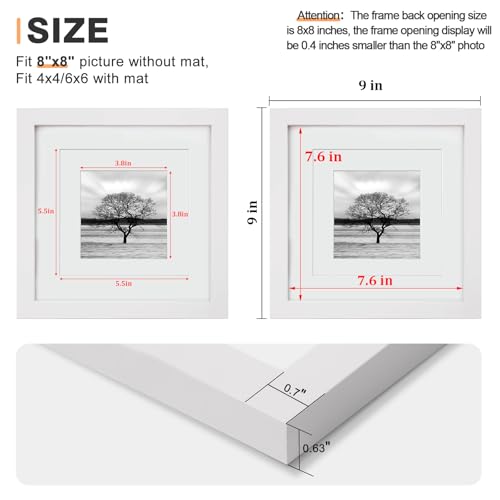 Egofine 8x8 Picture Frame Made of Solid Wood with Plexiglass, Display Pictures 4x4/6x6 with Mat or 8x8 Without Mat for Tabletop and Wall Mounting, White - Image 3