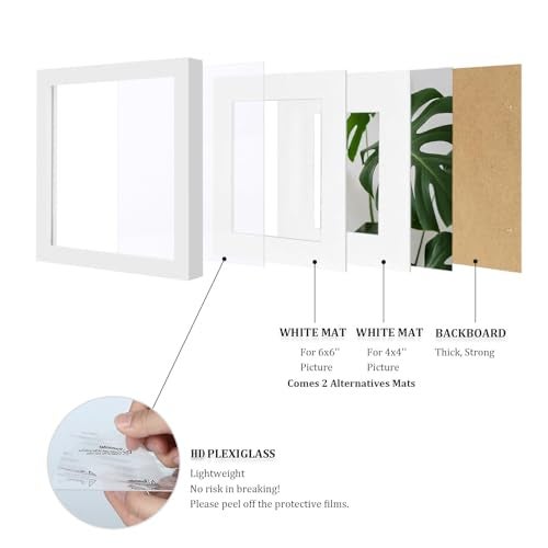Egofine 8x8 Picture Frame Made of Solid Wood with Plexiglass, Display Pictures 4x4/6x6 with Mat or 8x8 Without Mat for Tabletop and Wall Mounting, White - Image 4