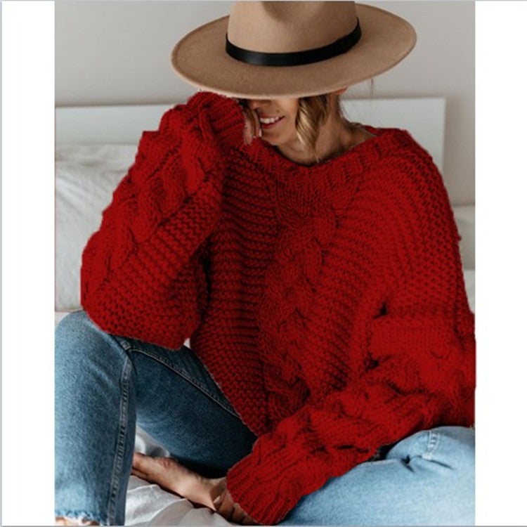 Cross-border foreign trade supply wish Europe and the United States for autumn and winter explosions solid color pullover V-neck twist loose sweater casual knitting - Image 1