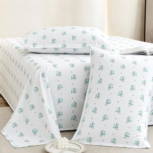 Plumora Double Bed Cotton Bedsheet Queen Size 90x100, 100% Pure Cotton Bed Sheet with 2 Pillow Covers, 240 TC Soft Breathable Floral Design – (Aqua Breeze) - Image 1
