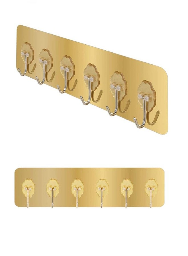 FORCE 24 Force24 - Self Adhesive Wall Hooks for Kitchen Organizer Hook for Wall Without Drilling for Home Kitchen Bathroom Bedroom Keys Bag Towels - 6 Stainless Steel Hook with Plastic Strip (Golden Pack of 2) - Image 1