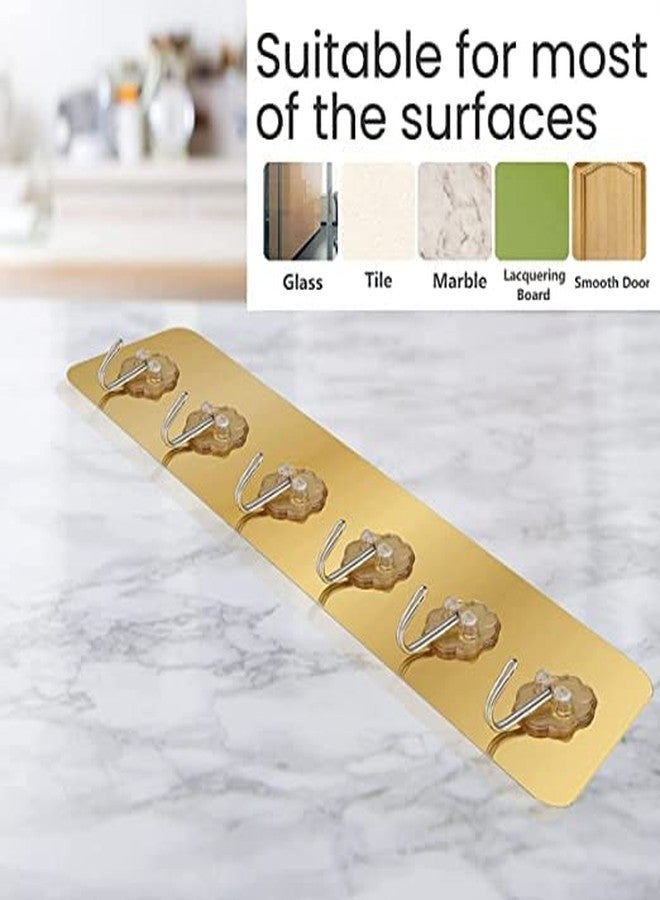 FORCE 24 Force24 - Self Adhesive Wall Hooks for Kitchen Organizer Hook for Wall Without Drilling for Home Kitchen Bathroom Bedroom Keys Bag Towels - 6 Stainless Steel Hook with Plastic Strip (Golden Pack of 2) - Image 2