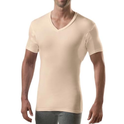 THOMPSON TEE Mens Sweatproof Undershirt V Neck TShirt with Underarm Sweat Pads Slim Fit AluminumFree Alternative Beige XSmall - Image 1