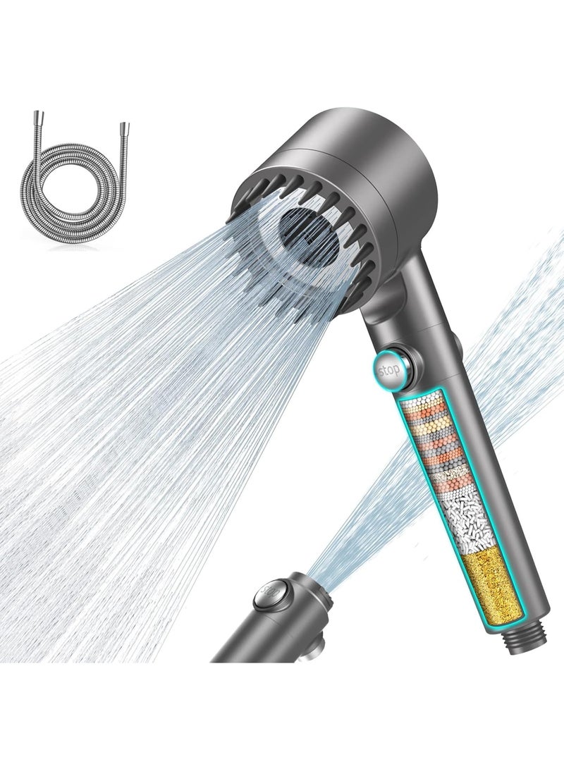 اتش اس HS Hard Water Filter Shower Head with 15 Stage Filter, 3+1 Spray Jet Modes High Pressure Shower Head and 1.5m Hose, Handheld Massage Shower Filter for Residual Chlorine Remove Grey - Image 1