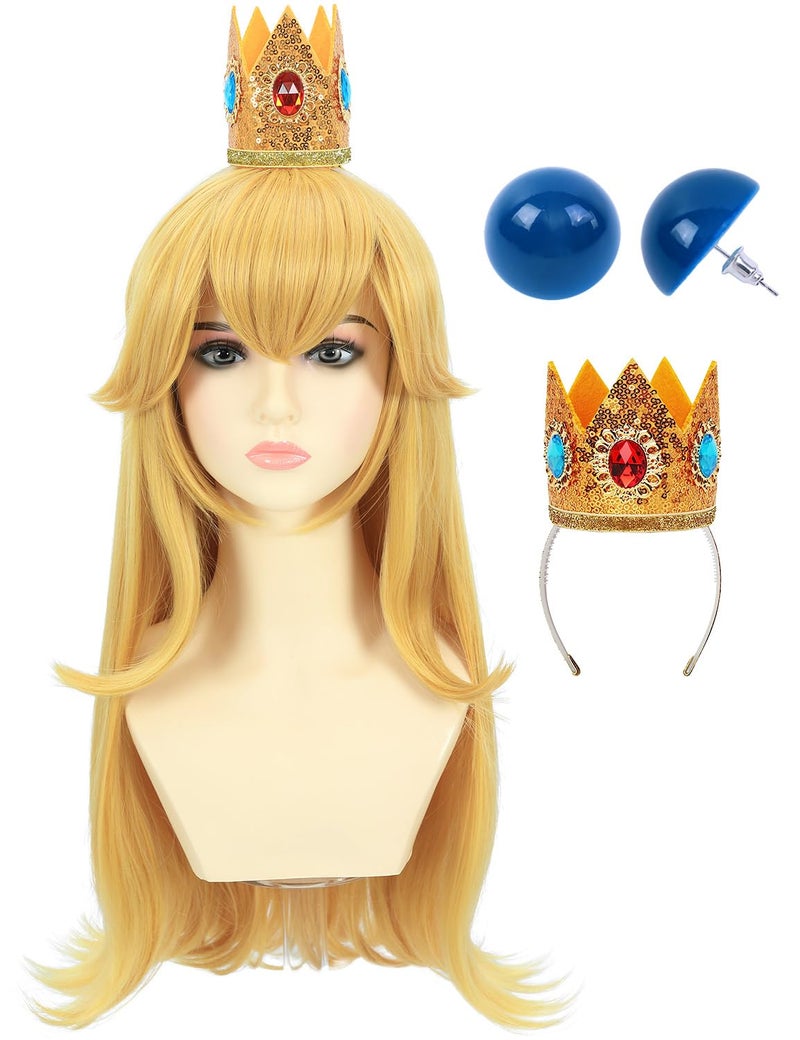 morvally Blonde Princess Cosplay Synthetic Wig with Crown and Earrings for Adult Women Long Wavy Costume Wig Set for Halloween Party Adults Blonde