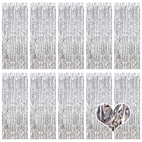 Ohiyoo 10 Pack Silver Backdrop Curtain 3.2ft x 8.2ft Metallic Tinsel Foil Fringe Curtains Photo Booth Background for Birthday Party Decoration Baby Shower Engagement Wedding Christmas Decoration (Silver) - Image 1
