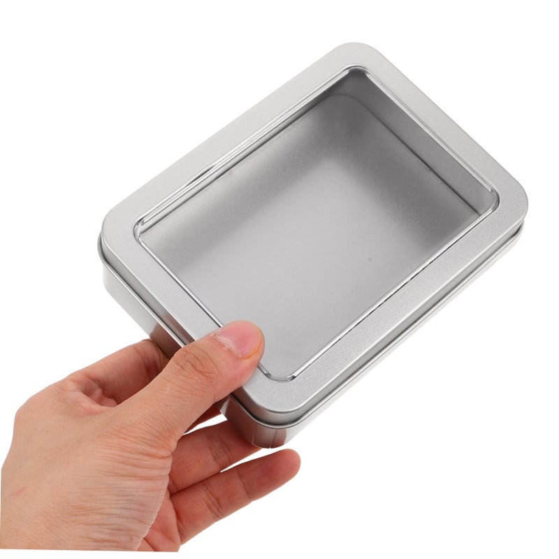 Small Tin Can With Lid Window Rectangular Storage Container For Candies Jewelry Crafts 4.91x3.54x1.38 Inch Silver - Image 5