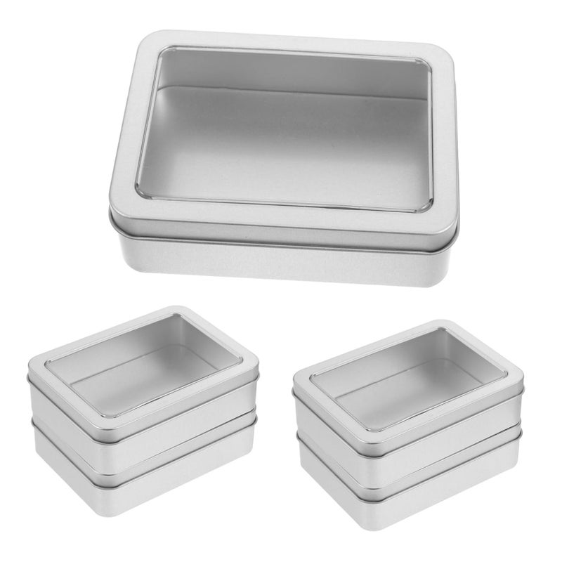 Small Tin Can With Lid Window Rectangular Storage Container For Candies Jewelry Crafts 4.91x3.54x1.38 Inch Silver - Image 2