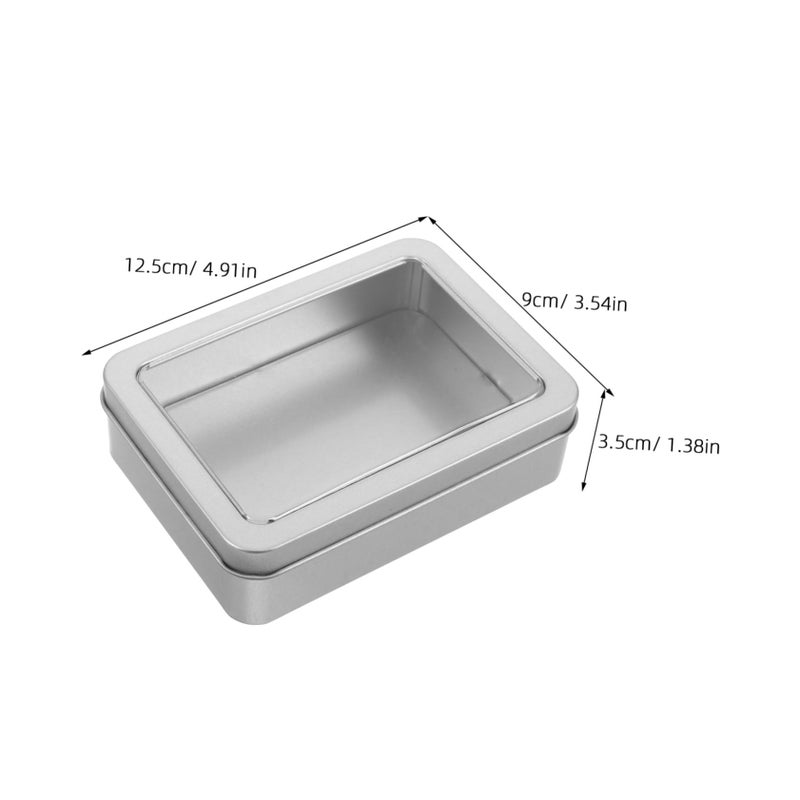 Small Tin Can With Lid Window Rectangular Storage Container For Candies Jewelry Crafts 4.91x3.54x1.38 Inch Silver - Image 3