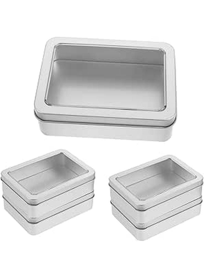 Small Tin Can With Lid Window Rectangular Storage Container For Candies Jewelry Crafts 4.91x3.54x1.38 Inch Silver - Image 1