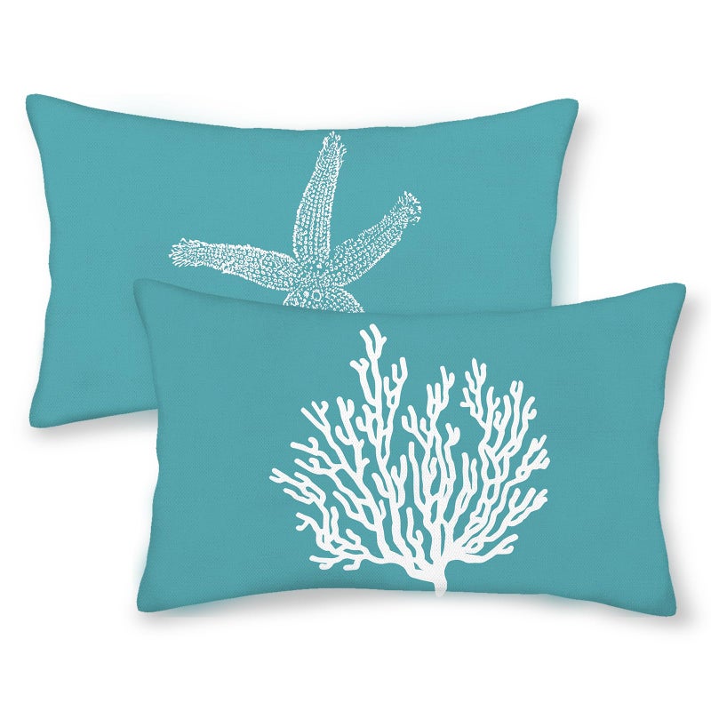 Golianda Coastal Coastal Covers 12x20 مجموعة من 2 أكوا Teal الفيروز النجمة النجمة رمي وسائد الزخارف البحرية المحيطات الكتان الصيفي وسادة الشاطئ في الهواء الطلق Decor - Image 1