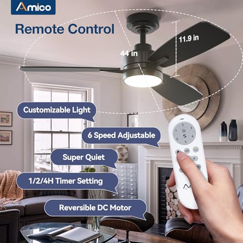 Amico Ceiling Fans with Lights, 44 inch Ceiling fan with Light and Remote Control, Reversible, 3CCT, Dimmable, Noiseless, Small Black Ceiling Fan for Bedroom, Indoor/Outdoor Use - Image 3