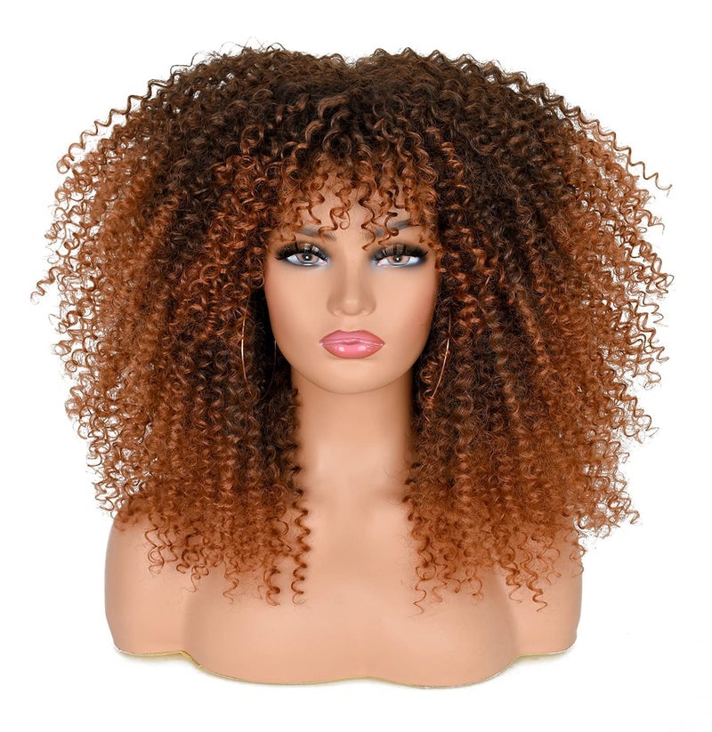 ANNISOUL 16Inch Curly Wigs for Black Women Black to Brown Afro Bomb Curly Wig with Bangs Synthetic Fiber Glueless Long Kinky Curly Hair