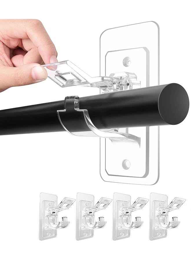 erorex 4-Pack No Drill Needed Curtain Rod Holders Brackets, Self Adhesive Rod Holder Hooks, Multipurpose Nail Free Stick on Curtain Rod Hooks - Image 1